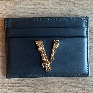 Versace Black Leather Card Holder with Gold Accent “V”